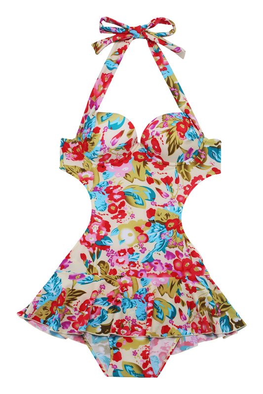 Iyasson Colorful Floral Printing Falbala One-piece Swimsuit