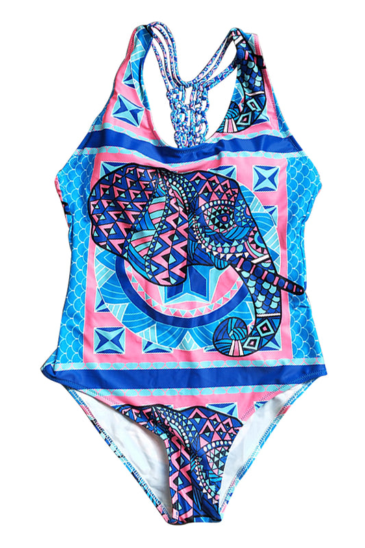 Iyasson Blue Animal print With Handmade Braided Ties One-piece swimsuit