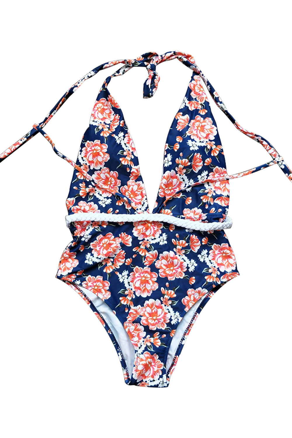 Iyasson Blue Floral Printing With Deep V-neckline One-piece swimsuit