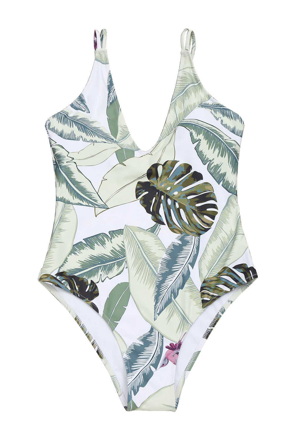 Iyasson Light Green Leaves Printing Deep V-neck One-piece Swimsuit