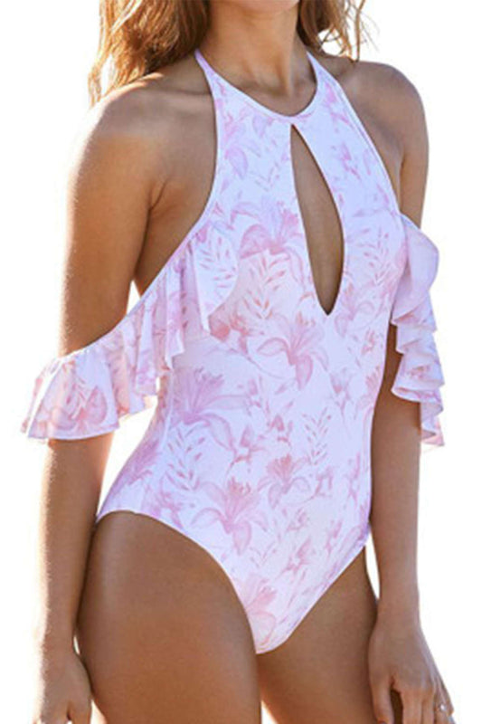 Iyasson Pink Floral Printing High Neckline Falbala One-piece Swimsuit