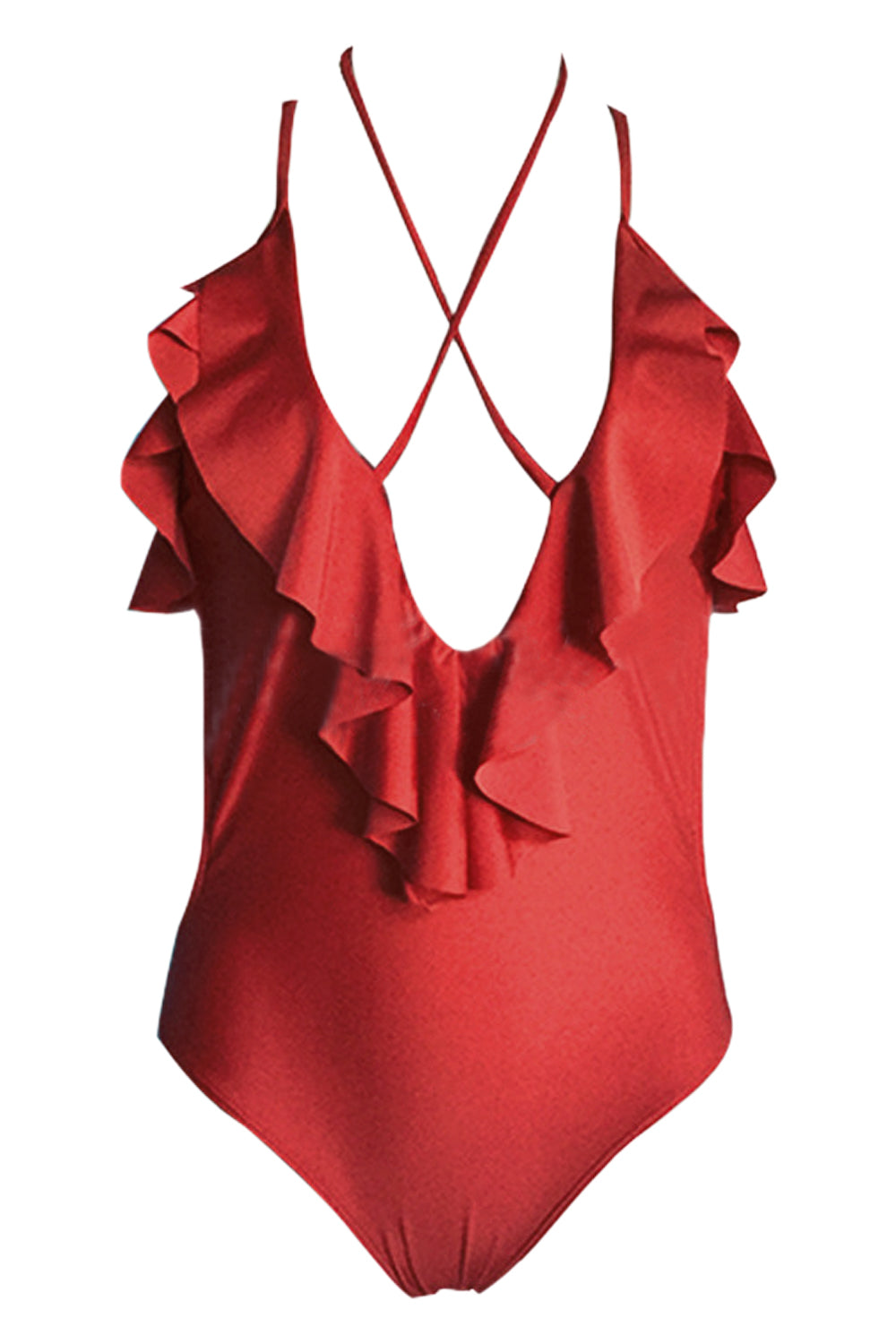 Iyasson Red Deep V-neck Falbala One-piece swimsuit