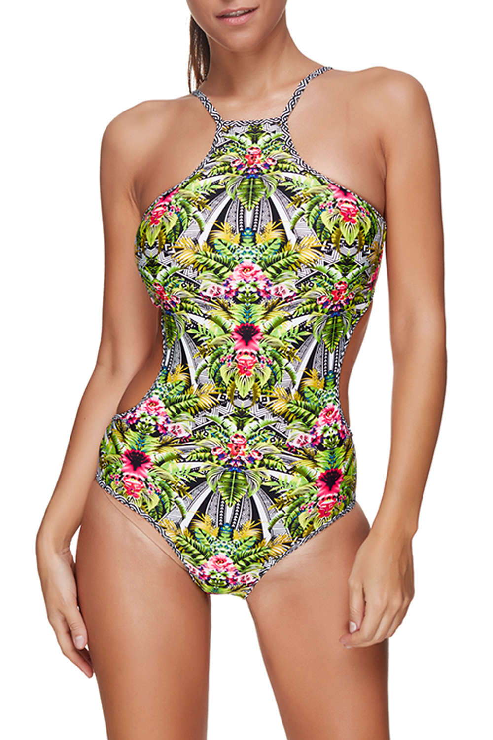 Iyasson Tropical Floral Printing High Neckline One-piece Swimsuit