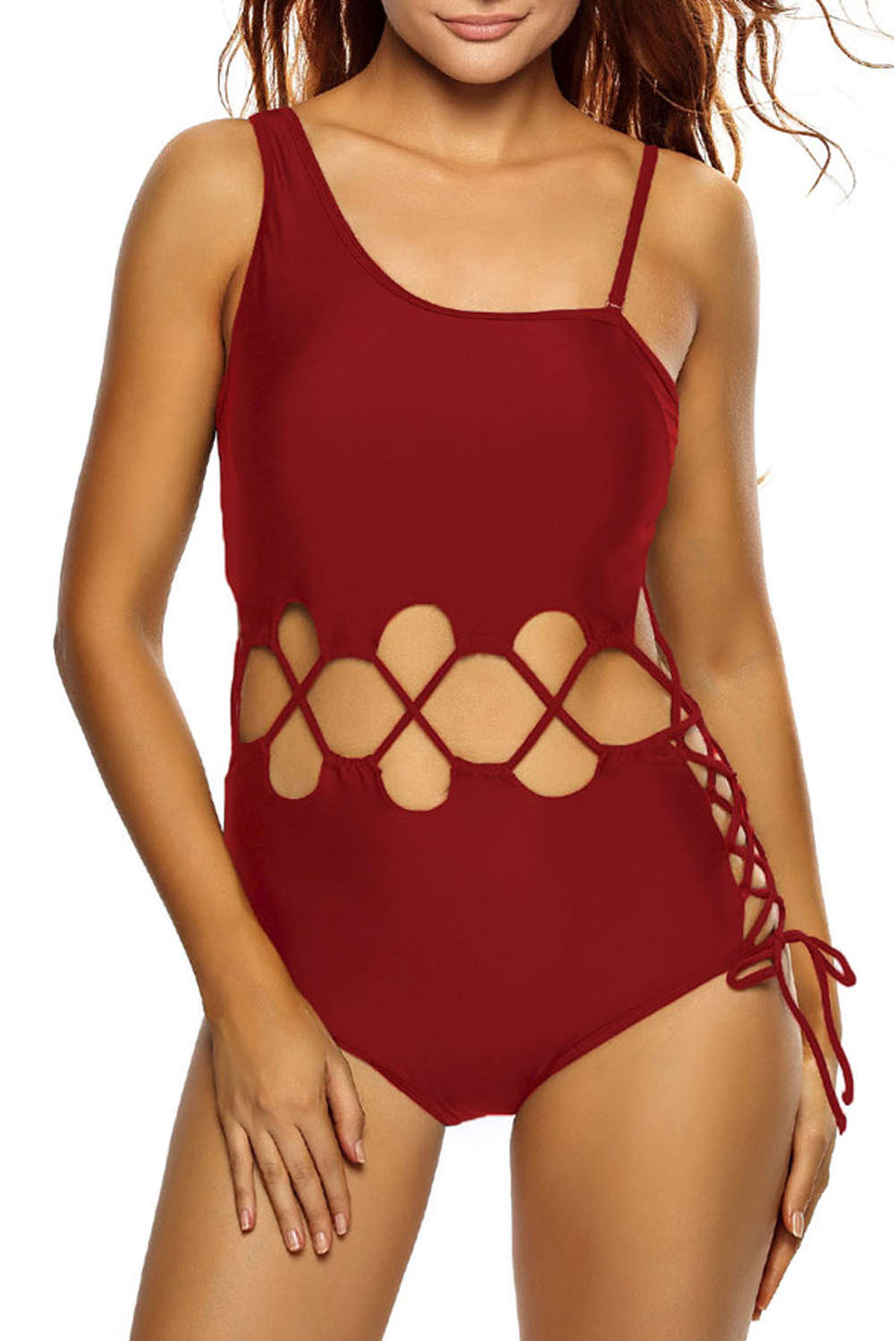 Iyasson Solid Color Hollowed Out at Waist One-piece swimsuit