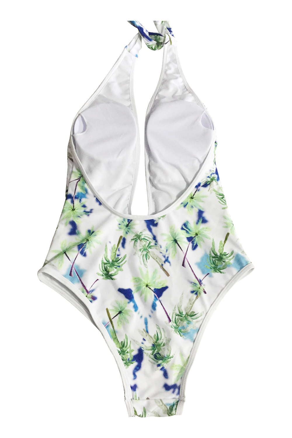 Iyasson Blue Floral Printing Deep V-necklline Halter One-piece Swimsuit