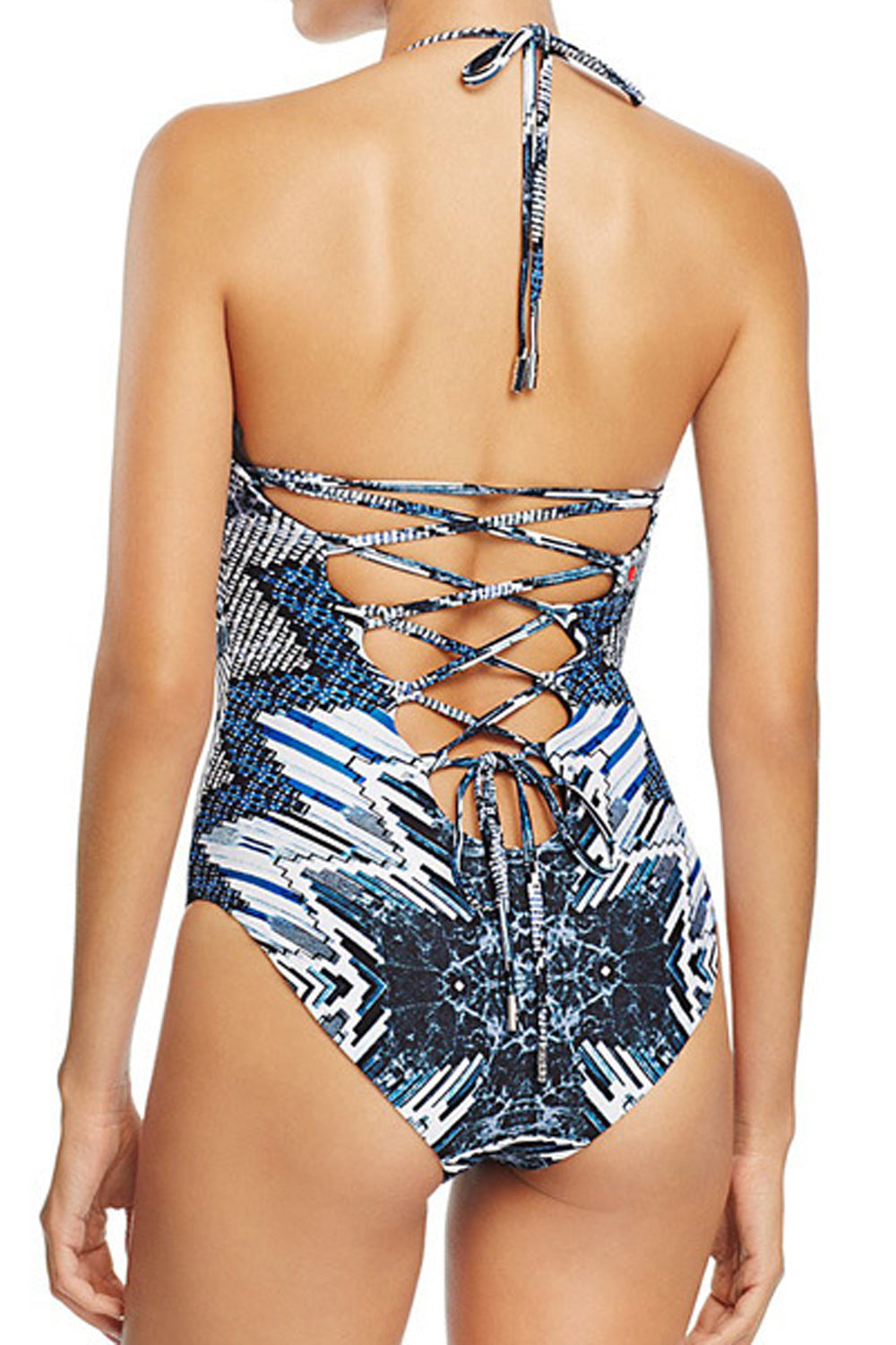 Iyasson Blue Geometric Pattern Back Cross Design One-piece Swimsuit