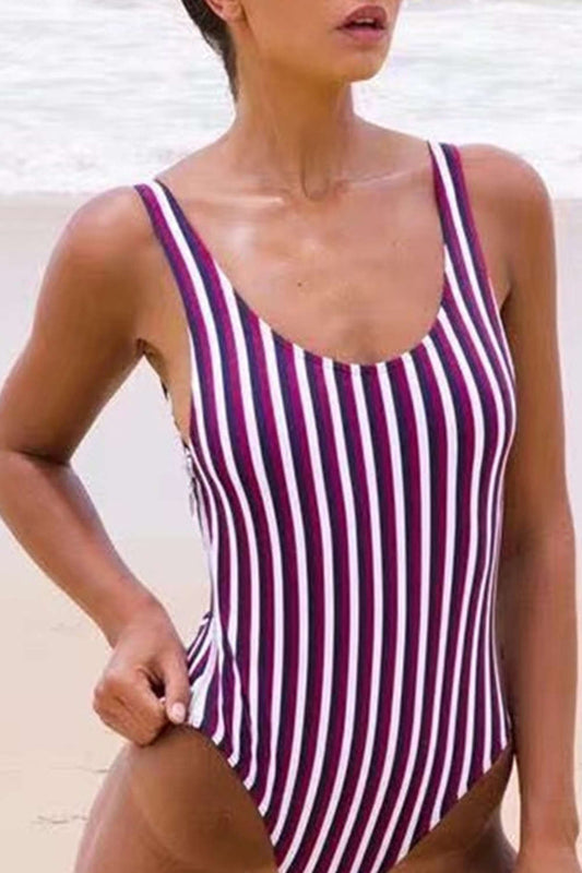 Iyasson Vintage Stripe Printing Low Back One-piece Swimsuit