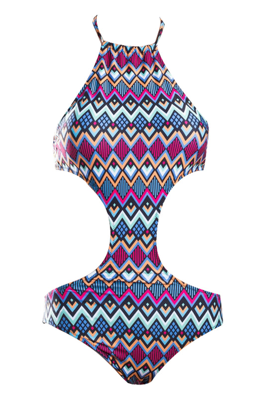 Iyasson Bohemia Print Hollow out Design One-piece swimsuit