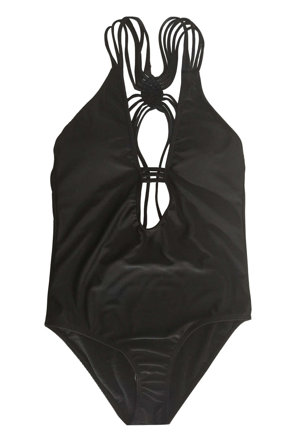 Iyasson Elegant Black Deep V-neckline One-piece Swimsuit With Handmade Braided Ties