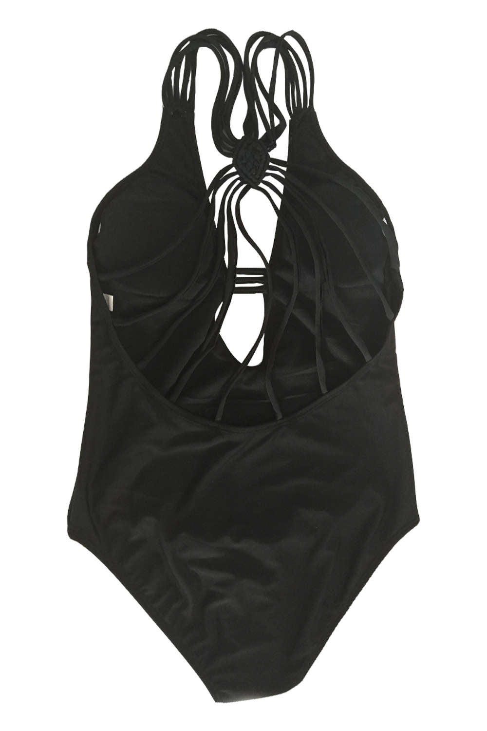 Iyasson Elegant Black Deep V-neckline One-piece Swimsuit With Handmade Braided Ties