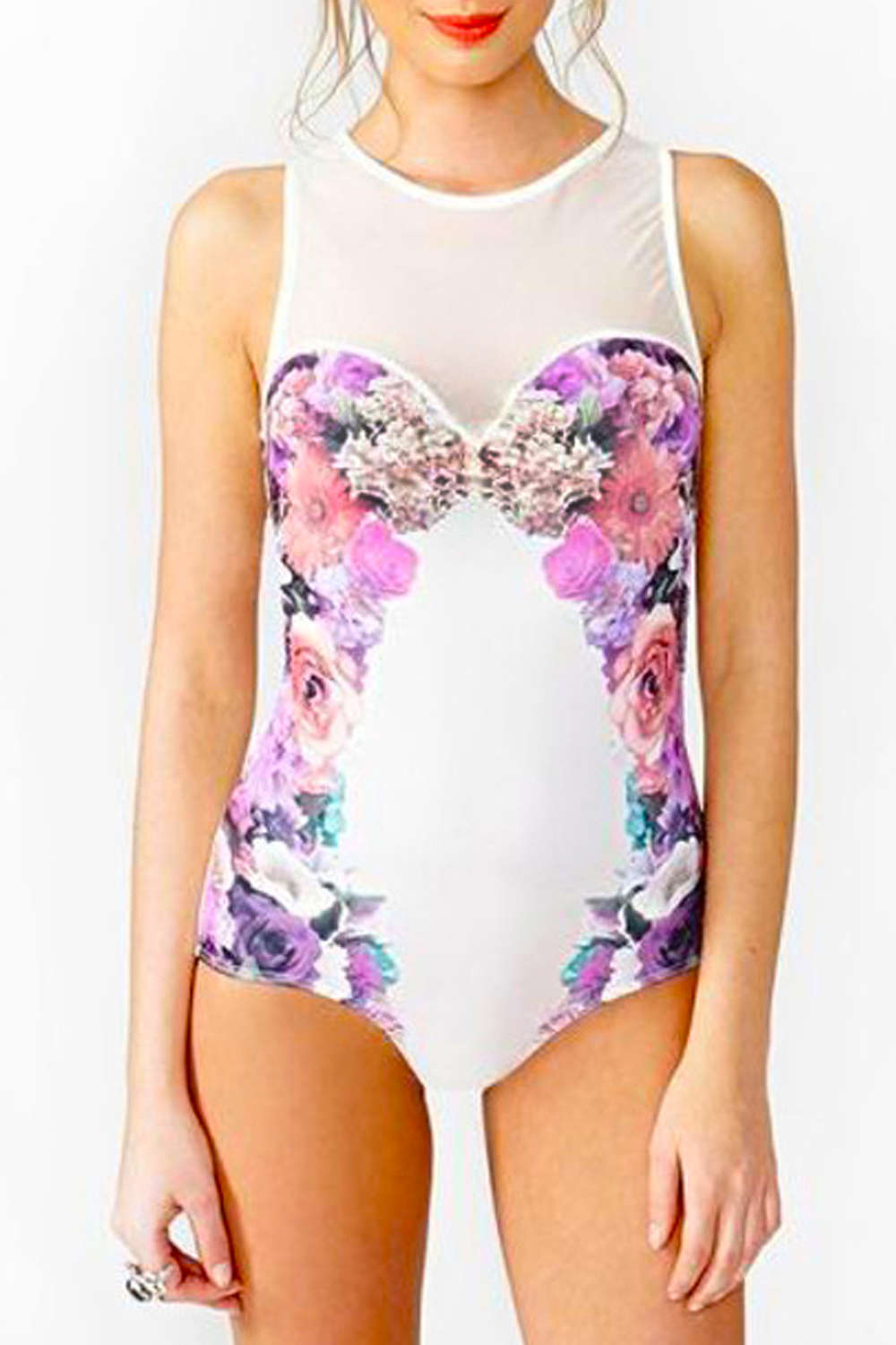 Iyasson White Floral Printing Mesh splicing One-piece Swimsuit