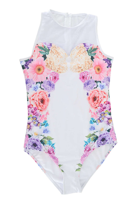 Iyasson White Floral Printing Mesh splicing One-piece Swimsuit