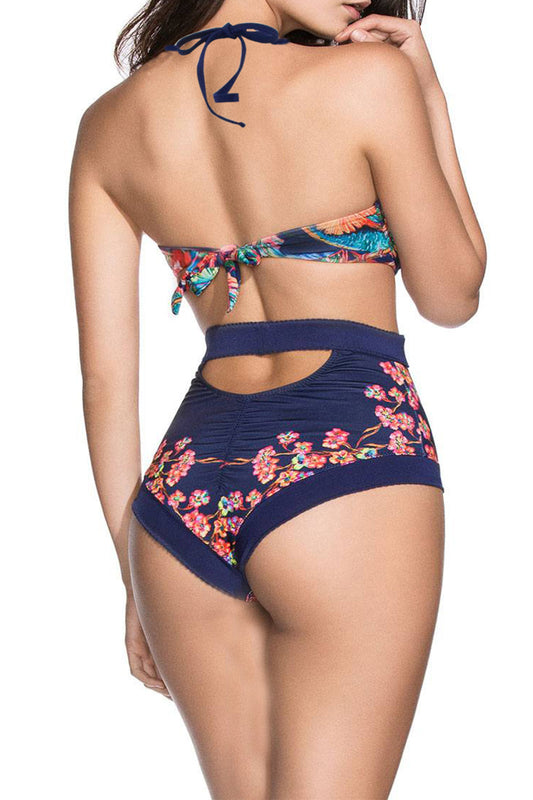 Iyasson Navy Blue Floral Print High-waisted One-piece Swimsuit