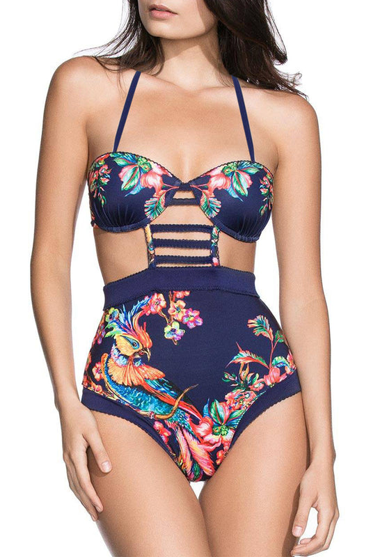 Iyasson Navy Blue Floral Print High-waisted One-piece Swimsuit