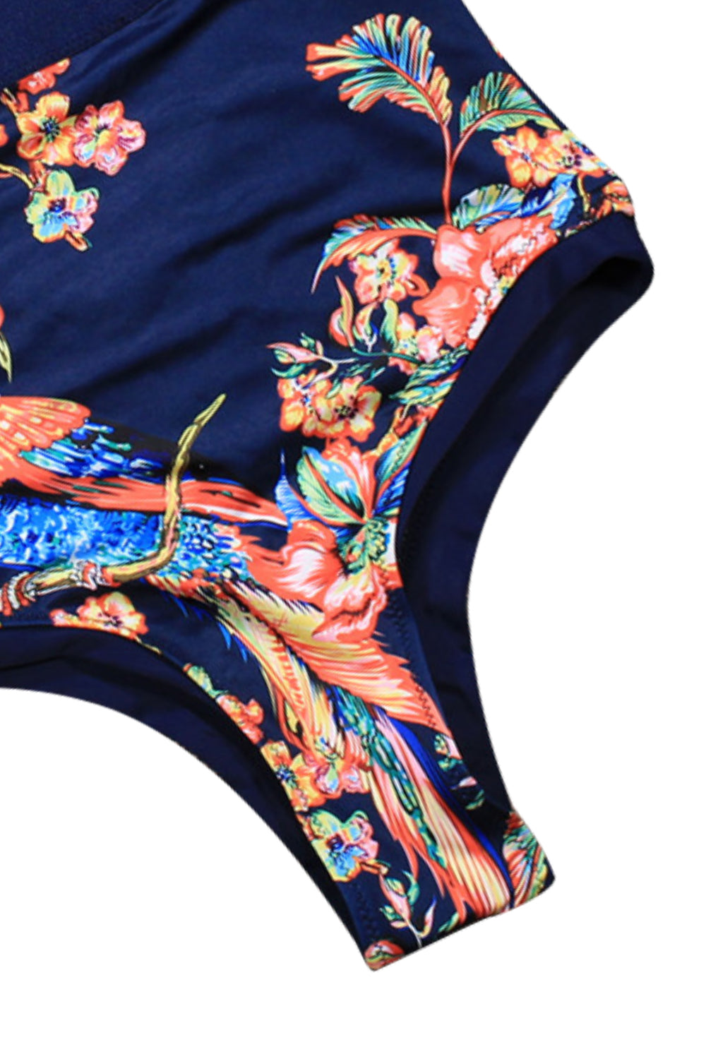 Iyasson Navy Blue Floral Print High-waisted One-piece Swimsuit