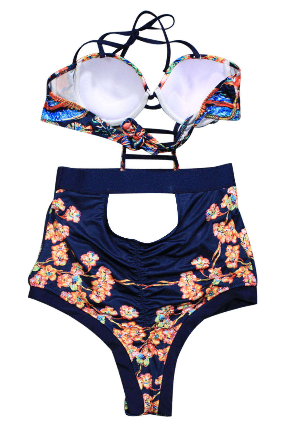 Iyasson Navy Blue Floral Print High-waisted One-piece Swimsuit