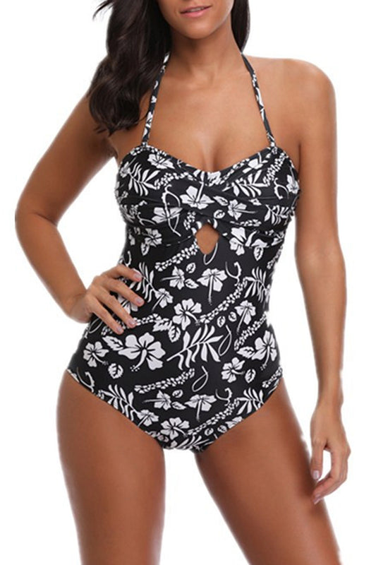 Iyasson Sexy Black Digital Floral Print Halter One-piece Swimsuit