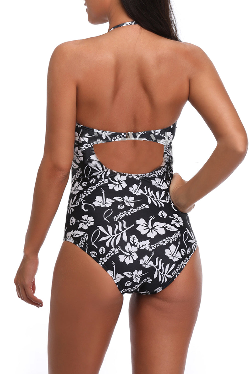 Iyasson Sexy Black Digital Floral Print Halter One-piece Swimsuit