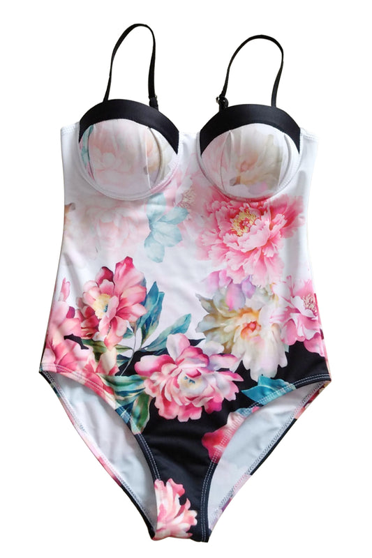 Iyasson White Floral Print Tummy Control Swimwear
