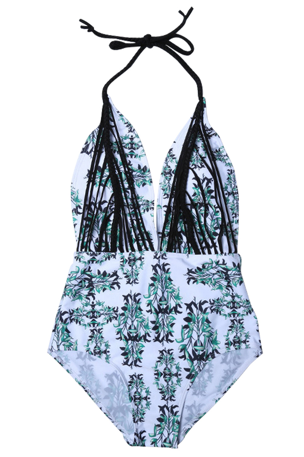 Iyasson Sexy Green Leaves Printing Deep V-neck Halter One-piece Swimsuit