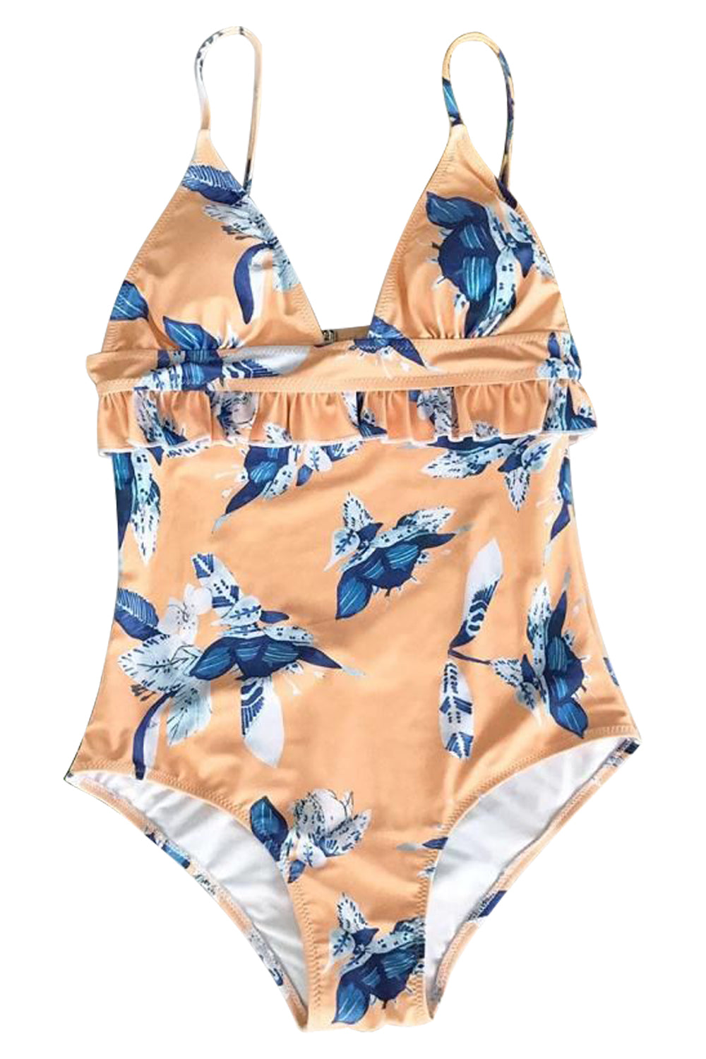 Iyasson Orange Floral Printing Falbala Design One-piece Swimsuit