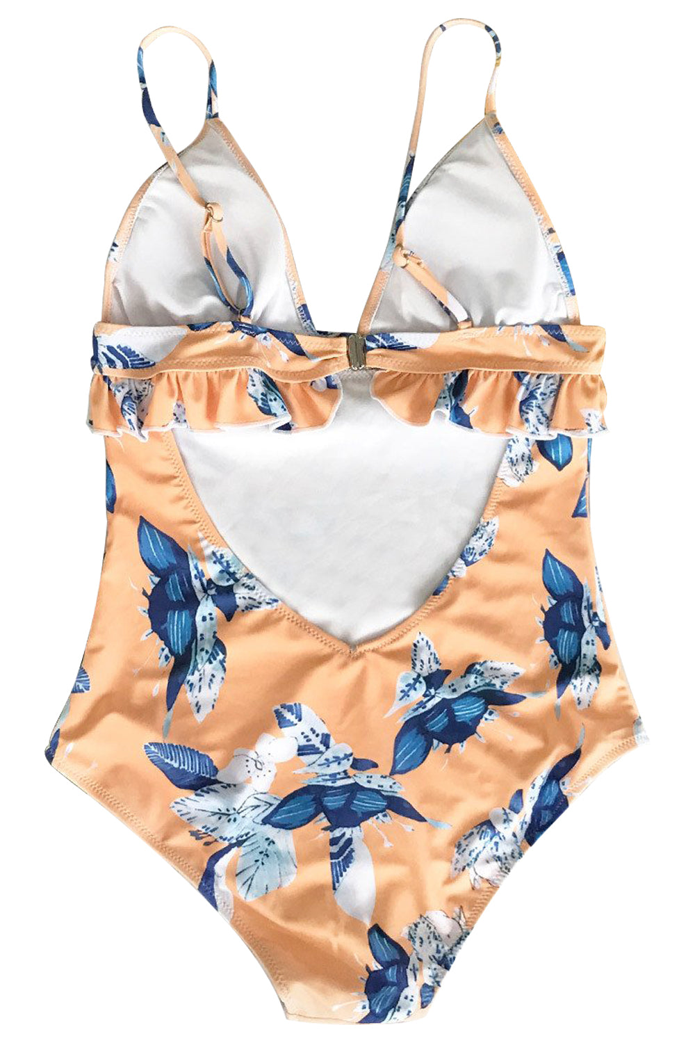 Iyasson Orange Floral Printing Falbala Design One-piece Swimsuit