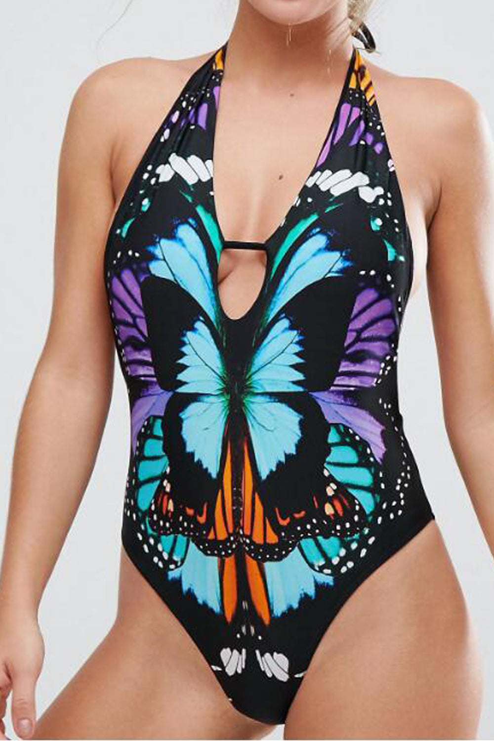 Iyasson Butterfly Printing Deep V-neckline Halter One-piece Swimsuit