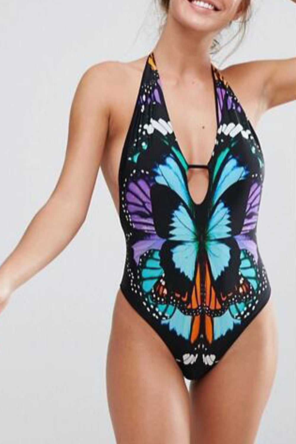 Iyasson Butterfly Printing Deep V-neckline Halter One-piece Swimsuit