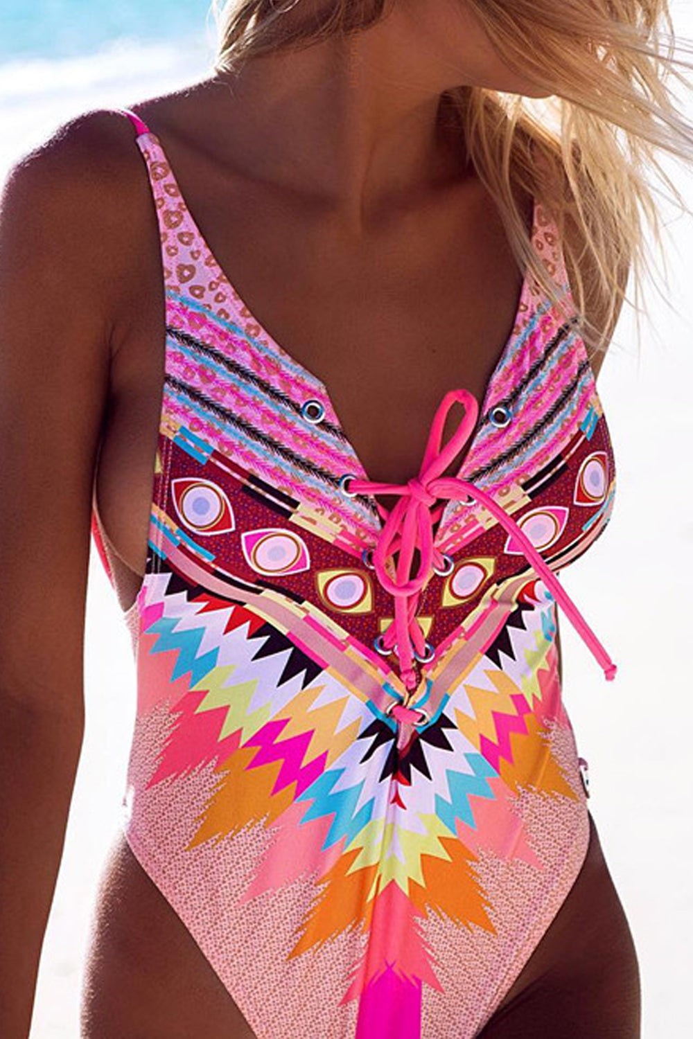 Iyasson Neon Pink Bohemia Print Deep V-neck One-Piece Swimsuit