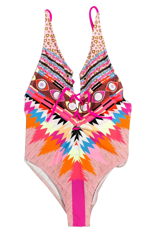 Iyasson Neon Pink Bohemia Print Deep V-neck One-Piece Swimsuit