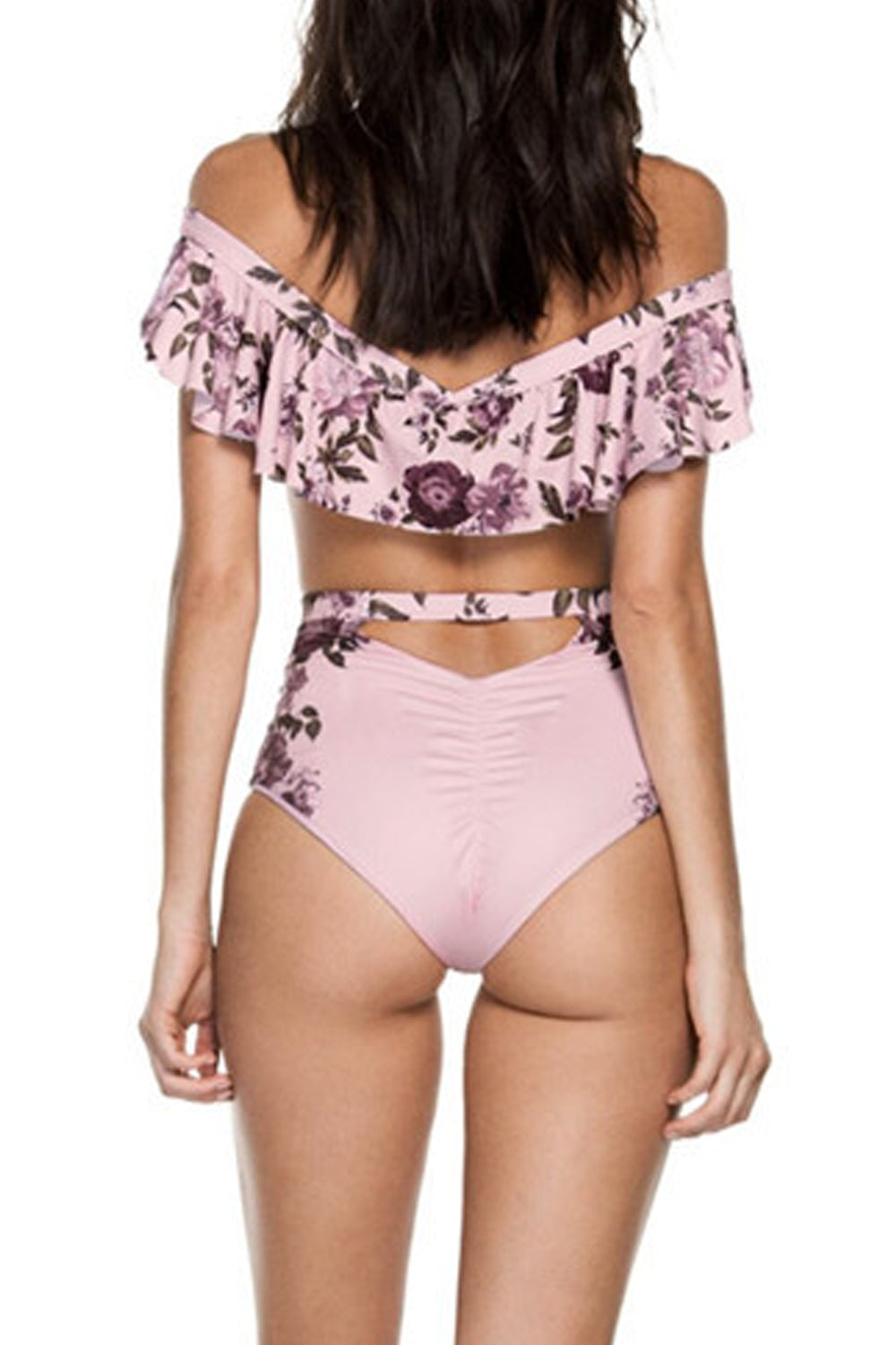 Iyasson Pink Floral Print Falbala Off shoulder One-piece Swimsuit