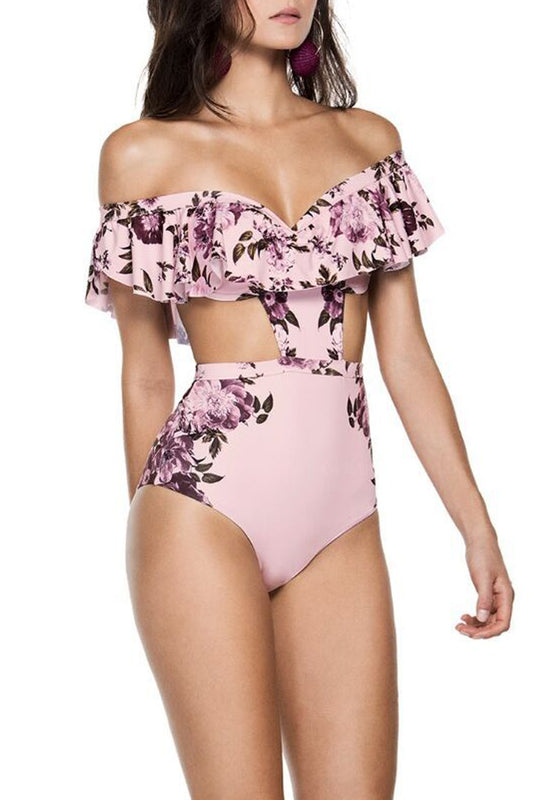 Iyasson Pink Floral Print Falbala Off shoulder One-piece Swimsuit