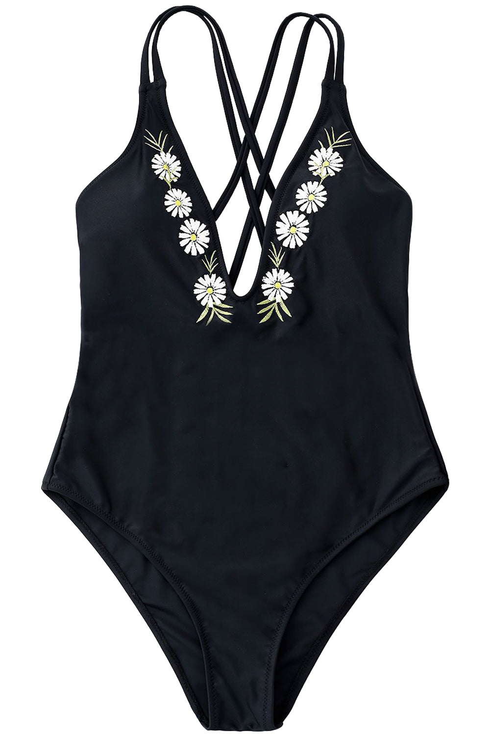 Iyasson White Daisy Embroidery With Deep V-neck One-piece Swimsuit