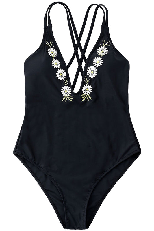 Iyasson White Daisy Embroidery With Deep V-neck One-piece Swimsuit