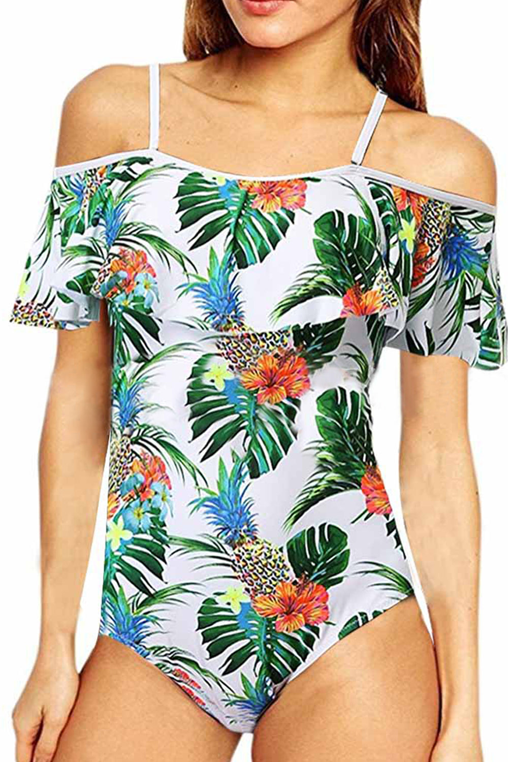 Iyasson Tropical Pineapple Printing Off shoulder One-piece Swimsuit