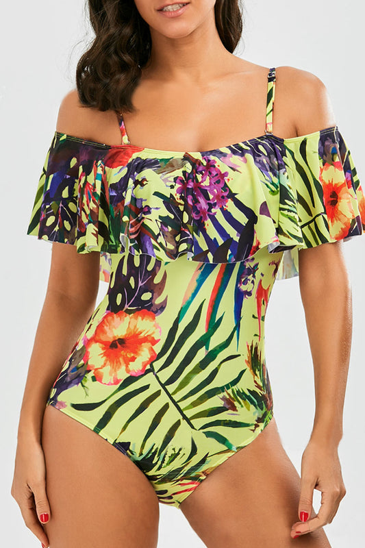 Iyasson Tropical Palm Leaves Printing Falbala Off shoulder One-piece Swimsuit