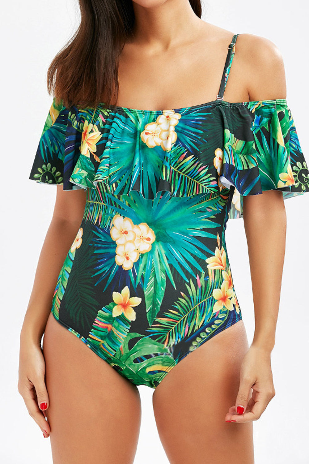 Iyasson Tropical Palm Leaves Printing Falbala Off shoulder One-piece Swimsuit