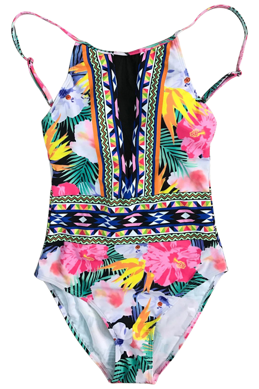 Iyasson Floral Printing Mesh Splicing One-piece Swimsuit