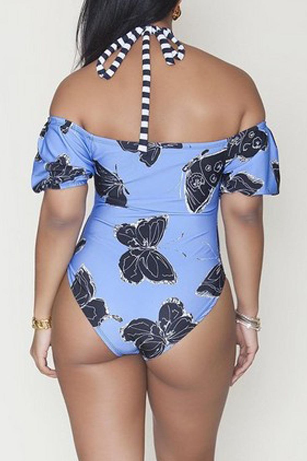 Iyasson Blue Floral Printing Off-shoulder Halter One-piece Swimsuit Plus Size