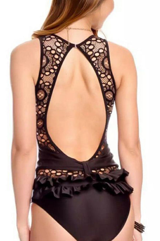 Iyasson Black Lace Splicing With Cute Ruffles One-piece Swimsuit