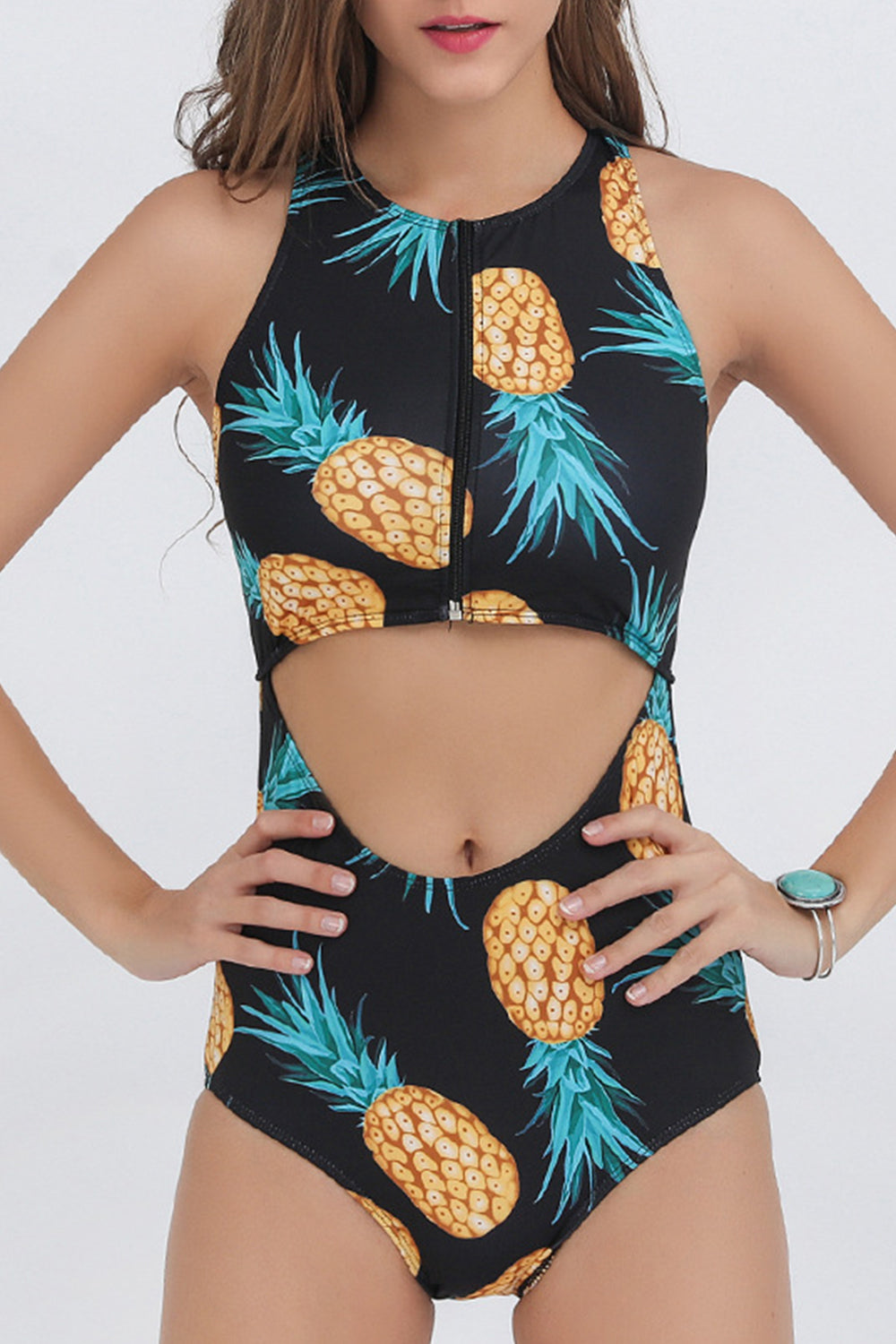 Iyasson Tropical Plant Printing Front Hollow One-piece swimsuit
