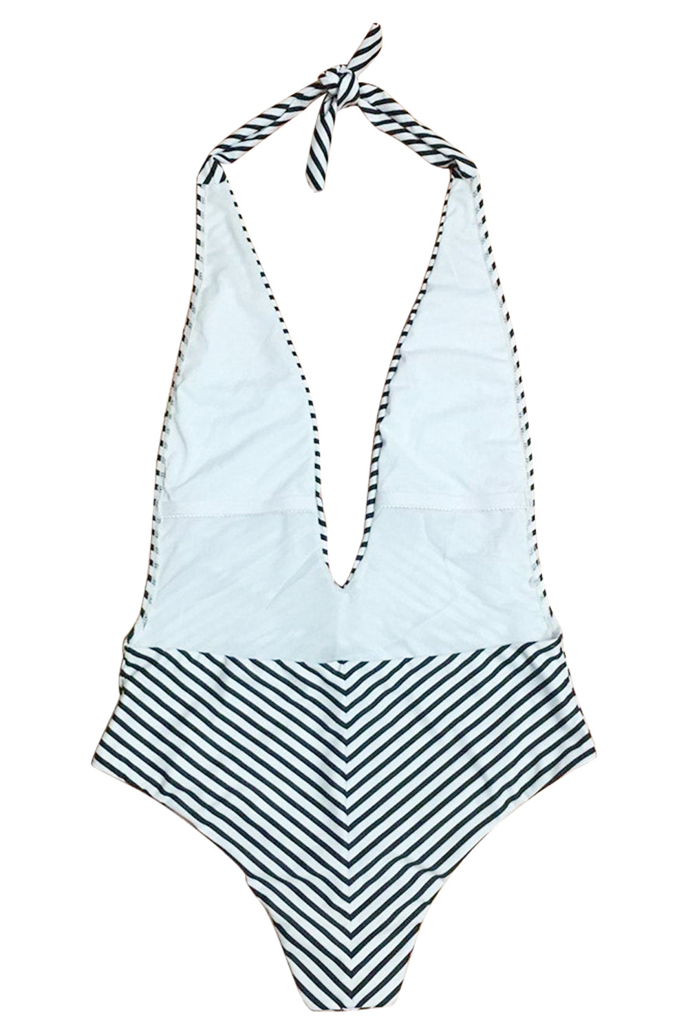Iyasson Stripe Splicing Printing Deep V-neck Halter One-piece Swimsuit