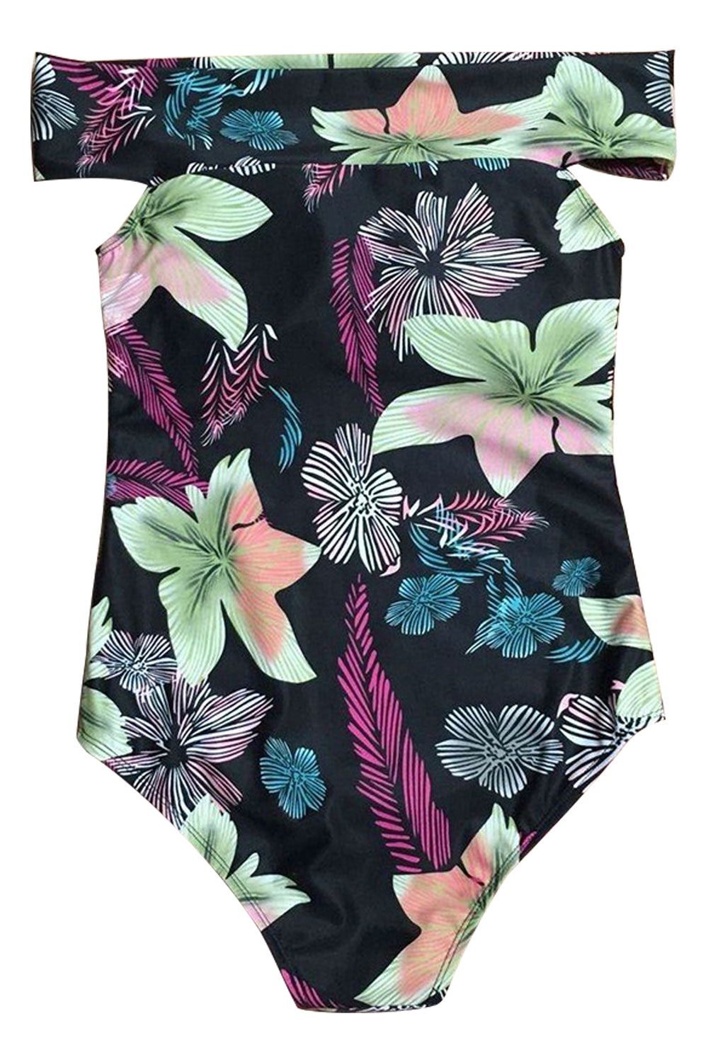 Iyasson Black Floral Printing Off-shoulder Design One-piece Swimsuit