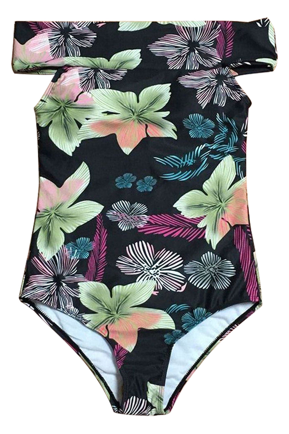 Iyasson Black Floral Printing Off-shoulder Design One-piece Swimsuit
