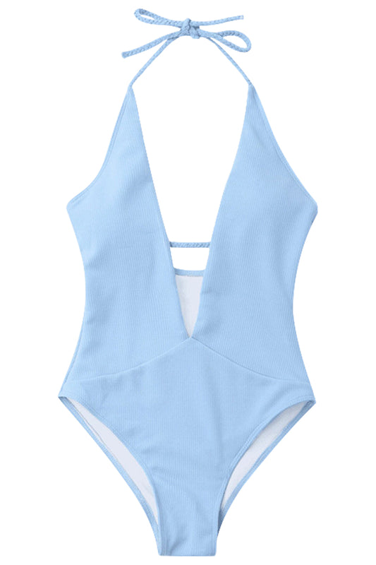 Iyasson Blue Deep V-neckline Halter One-piece Swimsuit