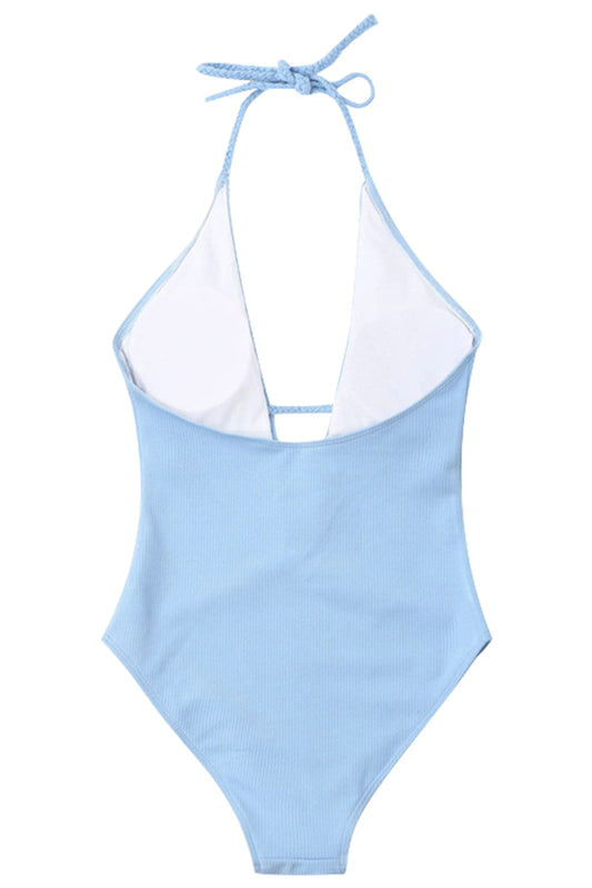 Iyasson Blue Deep V-neckline Halter One-piece Swimsuit