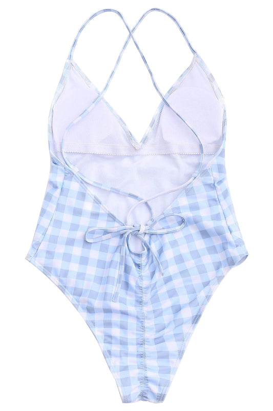 Iyasson Sexy Latticed Printing Back Cross One-piece Swimsuit