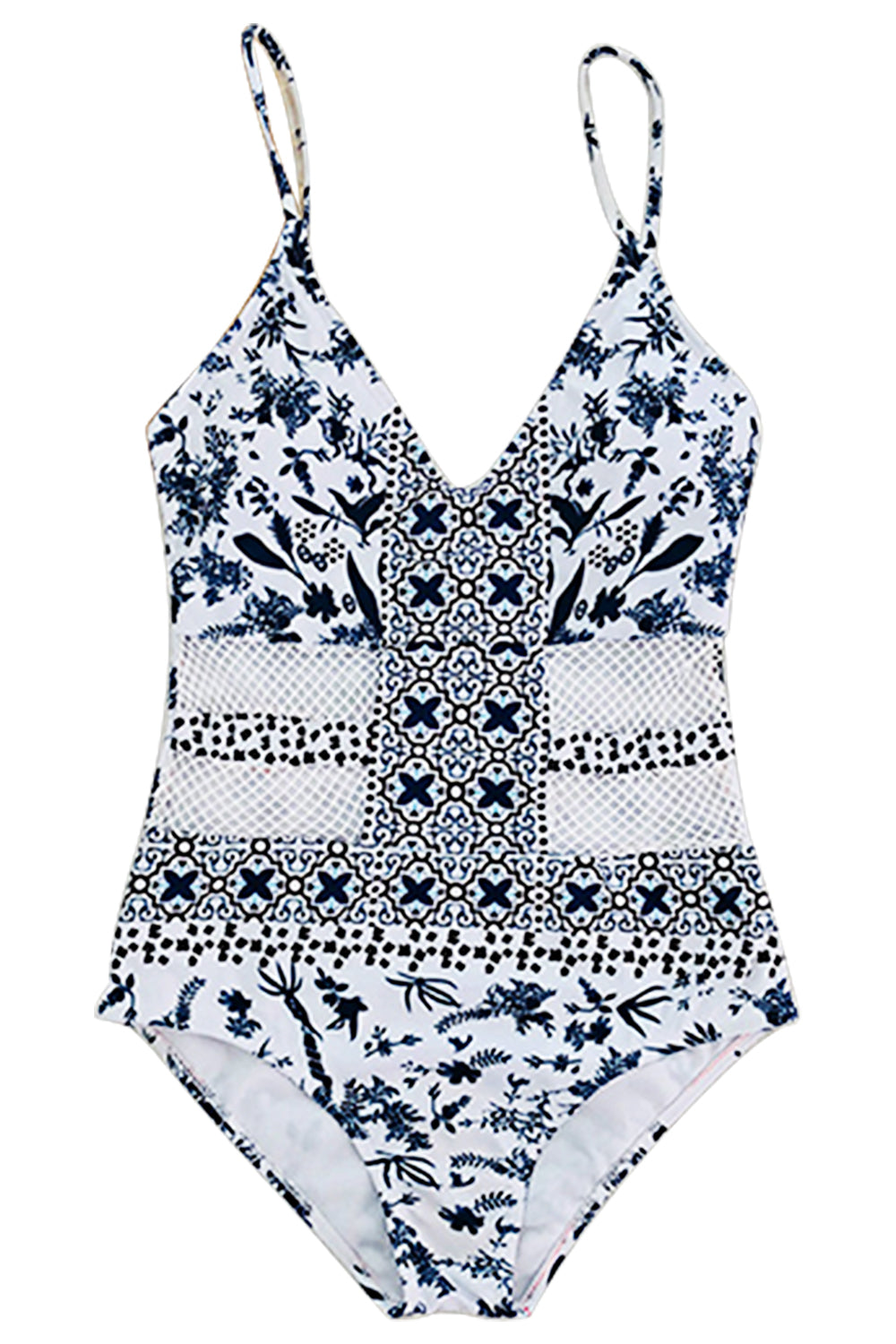 Iyasson Blue Floral Printing Splicing One-piece Swimsuit