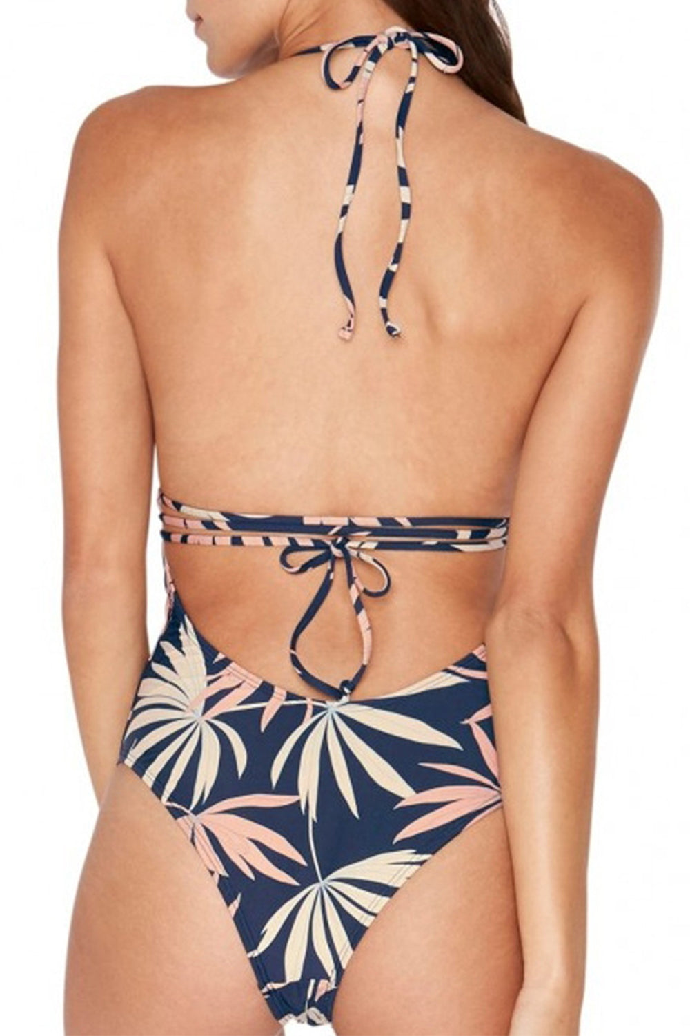 Iyasson Sexy Leaves Printing Deep V-neck Halter One-piece Swimsuit