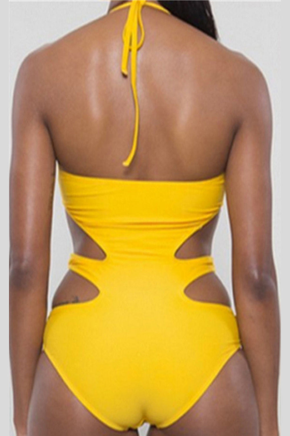 Iyasson Yellow Hollow out Halter One-piece Swimsuit